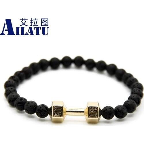 Ailatu 6 mm Black Lava Stone Beads GYM Alloy Metal Energy Dumbbell Charm Bracelet Fitness Talent Barbell Jewelry