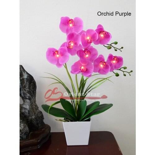 Free Shipping 20"( 50cm) LED Blossom Real Touch Orchid Flower Light 9 PCs Warm White LED /Lighted Flowers with 2*AA Battery pot