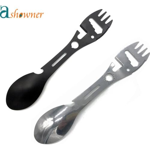Camping Fork Spoon Multi-function Stainless Steel Cutlery 5 in 1 Spoon Bottle Can OpenerOutdoor Survival Tools Hiking Cooking