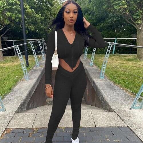 Black Womens Tracksuit Two Piece Pant Suit Long Sleeve Irregular Crop Top and Low Waist Jogger Sweatpant Female Clothing New