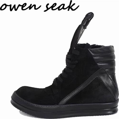 Owen Seak Men Casual Shoes High-TOP Ankle Boots Genuine Leather Sneaker Luxury Trainers Men Lace-up Zip Flats Big Shoes Sneakers