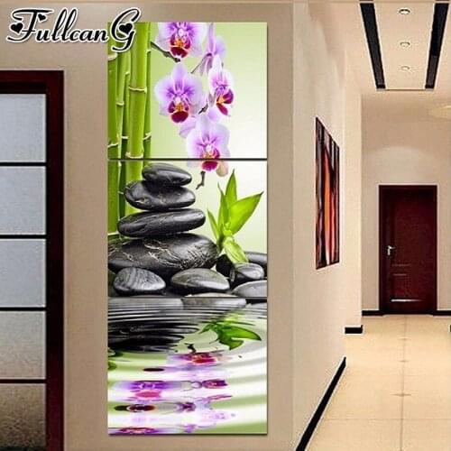FULLCANG diy diamond embroidery pink orchid black stones triptych painting full square round drill 5d mosaic pattern kit FC2480