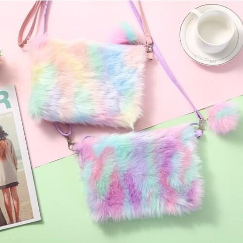 New Rainbow Plush Messenger Bag Shoulder Bag Children Cute Kindergarten Little Girl Coin Purse Mobile Phone Bag