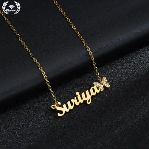 Diamon New Fashion Personalized Name Necklaces for Women Crystal Butterfly Pendant Custom Nameplate Stainless Steel Jewelry Gift