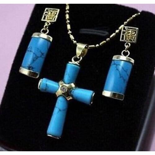 New Style Hot sale Gorgeous Turquoise "cross" Pendant Necklace + Earrings Fashion Wedding Party Jewellery