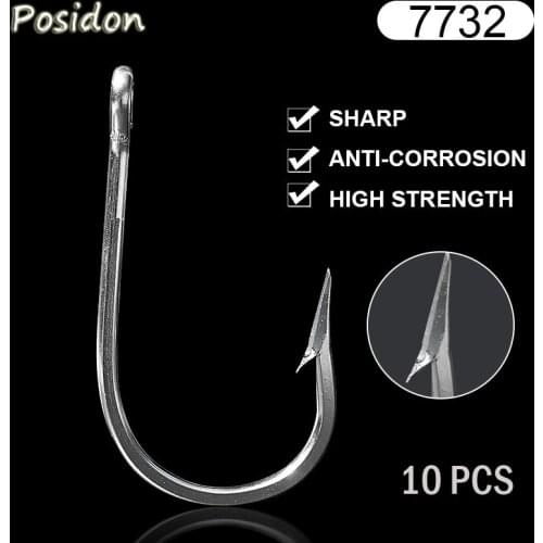 Posidon 10 Pcs/Pack 7732 Stainless Steel Shark Fish Hooks Saltwater Fish Hooks Sea Big Game J Type Large Tuna Bait Fish Hooks