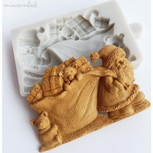 Minsunbak Christmas Series Silicone Mold Santa Claus Fondant Cake Tool Carrying A Gift Chocolate Gumpaste Mould Sugarcraft
