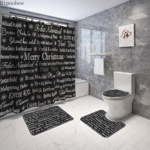 Merry Christmas Bathroom Set Toilet Seat & Cover Black Shower Curtain and Rug Sets Text Print Bath Mat Holiday Decoration