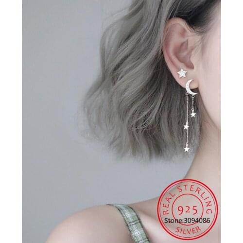 925 Sterling Silver Creative Moon Star Tassel Drop Earring for Women Fashion Party Accessories Asymmetry Jewelry Brincos Prata