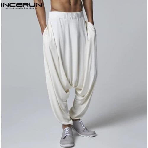 INCERUN Men Harem Pants Joggers Loose Streetwear Elastic Waist Drop Crotch Pants Solid 2021 Vintage Casual Trousers Hombre S-5XL