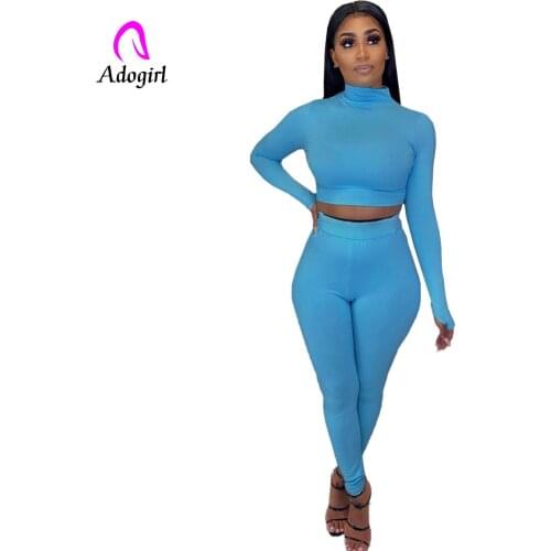 Adogirl Sport Solid Women Two Piece Set Long Sleeve T-shirt High Waist Jogger Pants Suit Tracksuit Matching Set Casual Outfit