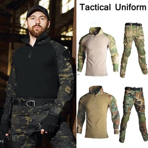 Tactical Hunting Clothing Military Shooting Training Uniform Army Airsoft Paintball Camo Shirts and Pants with Elbow Knee Pads