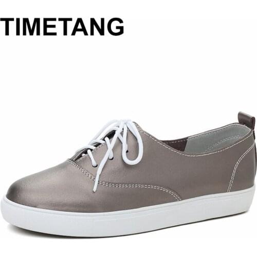 TIMETANGNew Arrival Women Casual Shoes Cow Leather Solid Womens Loafers Fashion Lace-Up Woman Flat Shoe Flexible Footwear E368
