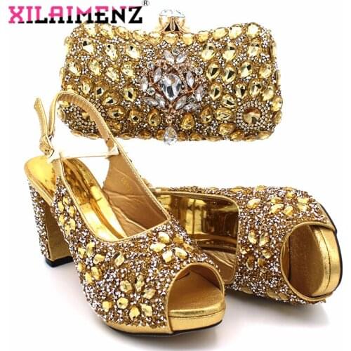 2020 Classics Style Nigerian Women Shoes and Bag to Match in Golden Color High Quality Italian Design Matching Shoes and Bag