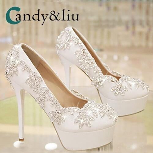 Silver Crystal Flower Wedding Shoes Super High Heel Round Toe Thin Heel Women Pumps with Platform Party Banquet Evening Dress