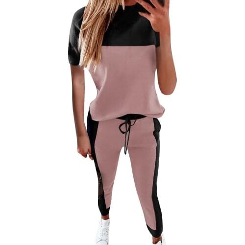 Summer 2021 New Arrival Suit Female Casual Fashion Round Neck Loose Sport Style Tops Pocket Color Matching Long Pants Suit Women