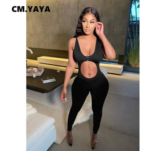 CM.YAYA Solid Cut Out Sexy Sleeveless Bodycon Womens Jumpsuit Elastic Night Club Partywear Bodycon Rompers One Piece Overalls