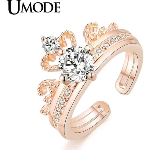 UMODE New Fashion Clear Zircon Crown Ring for Women Detachable Double Rings Rose Gold Color Anillo Mujer Moda Gift AUR0443A