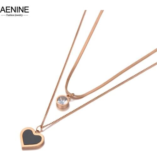 AENINE Rose Gold Trendy Acrylic Heart Pendant Necklace For Women Stainless Steel CZ Crystal Chain Choker Necklace AN20145