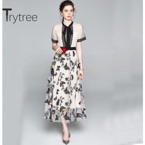 Trytree 2020 Summer Women Casual Dress O-neck Bow Lace Patchwork Embroidery Fashion Elegant Vintage A-line Mid-Calf Dress