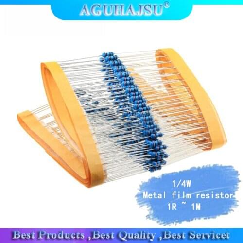 100pcs 1/4W Metal film resistor 1R ~ 1M 100R 220R 330R 1K 1.5K 2.2K 3.3K 4.7K 10K 22K 47K 100K 100 220 330 1K5 2K2 3K3 4K7 ohm