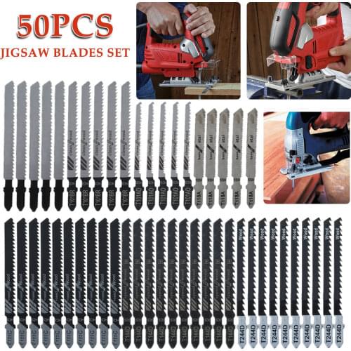 50pcs HCS T-Shank Jigsaw Blades HCS T-Shank Saw Blades Ground Teeth Straight Cutting Metal Wood Assorted Blades Woodworking
