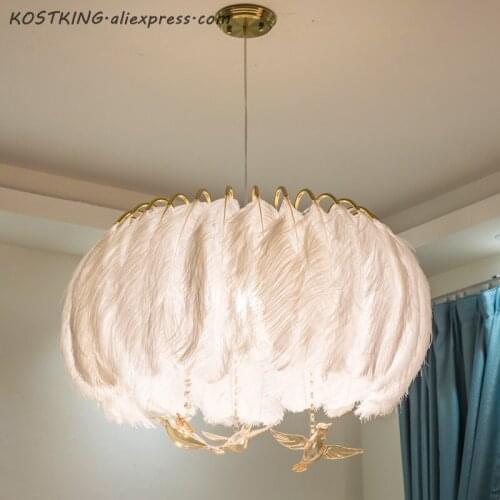 American Pastoral white feather chandelier living room Princess bedroom Nordic modern crystal crystal bird Chandelier