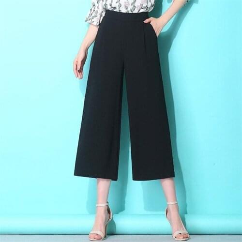 Women Summer Pants Pantalones New Fashion Lady Wide Leg Chiffon Pants Plus Size High Waist Long Loose Palazzo Pants Black Trouse