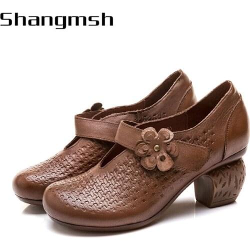 Black heels patent brand Genuine leather shallow mouth high heels shoes pump wave Square Heel Flower Women shoes 19662