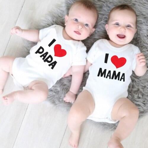 DERMSPE I Love Mom Papa Print Newborn Baby Siblings Toddler Romper Short Sleeved Kids Jumpersuit Fashion Round Neck Bodysuit