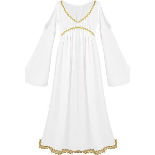 Kids Girls Greek Princess Costume V-neckline Gold Trim Long Dress Children Halloween Costume Cosplay Party Dress Up For