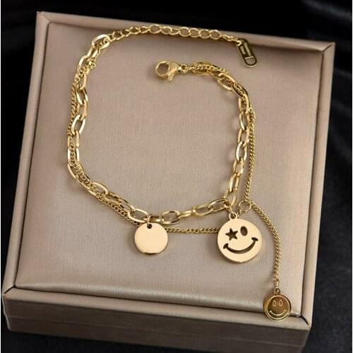 Colorfast stainless steel two-layer chain bracelet happy face lucky pendant exquisite fashion personality female gift jewelry