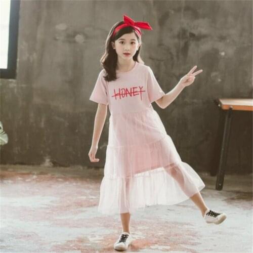 Short-sleeve Teens Kids Summer Mesh Dresses for Girls Princess Cotton Letter Print A-line Dress 3-18Y