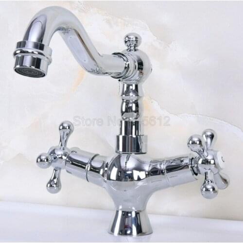 Chrome Bathroom Sink Faucet Basin Mixer Tap Double Cross Head Handle Single Hole Hot and Cold Water tnf921