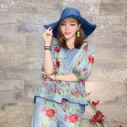 Tracksuit for Women 2021 Spring Womens Large Size Denim Stitching Tops+jeans Suits Female Plus Size Floral Two-piece Sets XC601