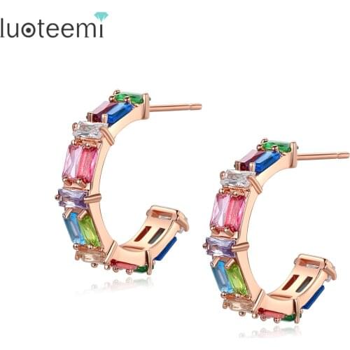 LUOTEEMI Cute Earrings Multiple Colors Big Hoop Earrings for Women Rainbow Color Gemstones Pendant Earring Cubic Zircon Jewelry