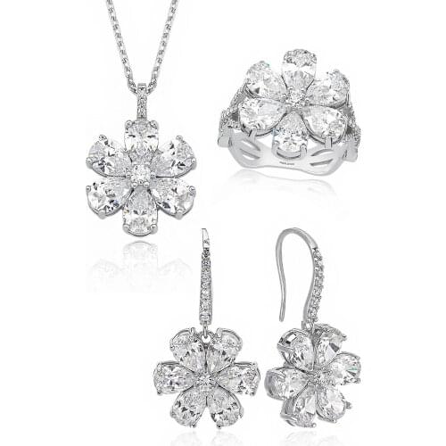 Valori Jewels Magnolia Flower Set , 12 Ct Zircon White Pear Gemstone , Rhodium Plated ,925 Silver, Fine Jewelry
