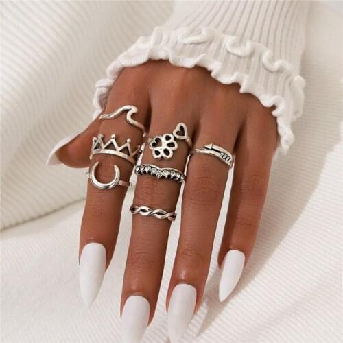 7pcs/set Bohemian Mixed Arrow Cat Claw Crown Moon Ring Set For Women Fashion Beach Casual Party Jewelry Friendship Gift