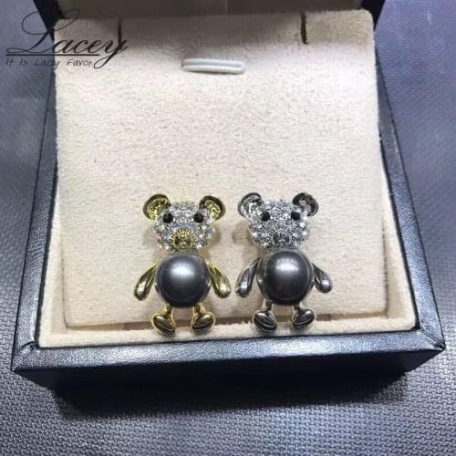 Real Natural Pearl Brooch For Women,Tahiti Black Pearl Brooch Fashion Bear Pins Mother Gift