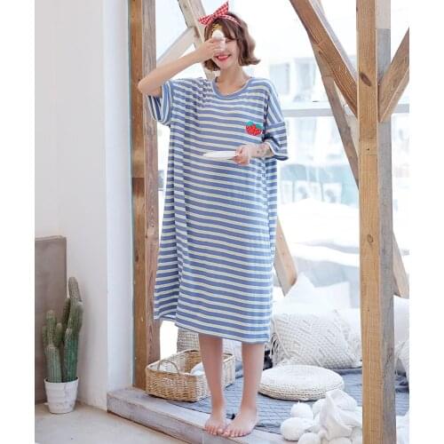 Women Oversize Fruits Embroidery Long Nightgown Big&Wide Sleepwear Ladies Loose Nightwear Sleep Wear Night Gown Home Dress