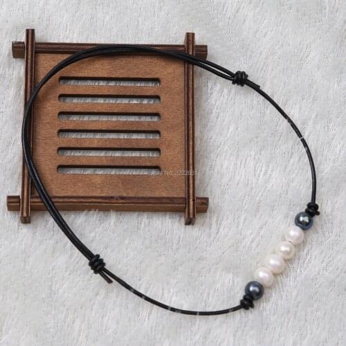 Ambrum Choker Necklace,White Blue Pearls Choker Necklace,Girls Collar Jewelry,Adjustable Leather Jewelry,Custom Costume Necklace