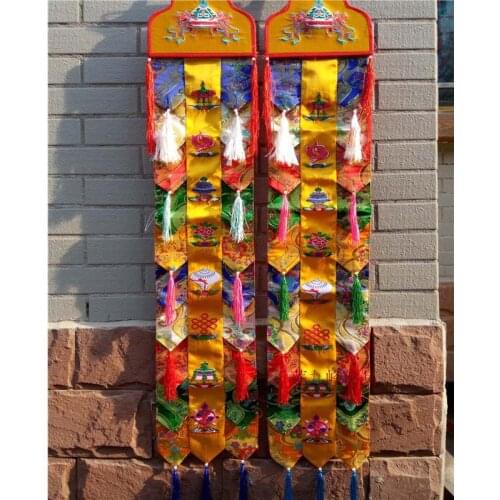 A PAIR 2p Wholesale Buddhist supply HOME Temple Embroidery Eight Auspicious Symbols Wall hang Sutra banner Prayer flag FOPAN