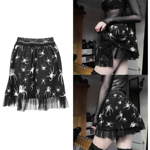 Hot kf-Gothic Spider Print Black Skirt High Waist Lace Patchwork Mini Skirt Punk Harajuku Summer A-Line Skirt