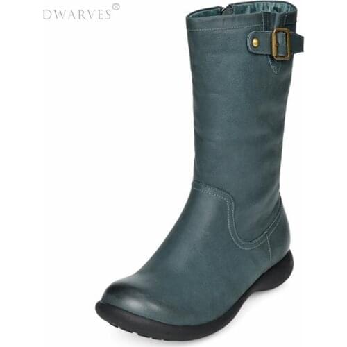 Womens Retro Leather Mid Calf Boots for Winter Black/Blue Handmade