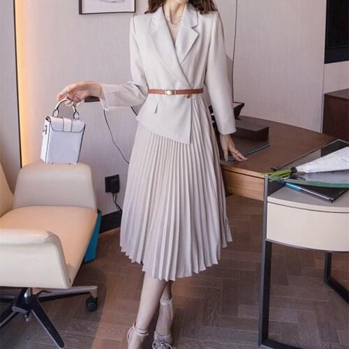 Hstar 2021 Elegant Korean Fashion Woman Lapel Suit Fake Two-piece Dress +Belt High quality office lady Long Vintage Pleated