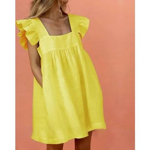 Women Casual Square Collar Butterfly Sleeve Mini Sweet Dress Backless High Waist Loose A-line Party Dress 2021 Summer New Dress