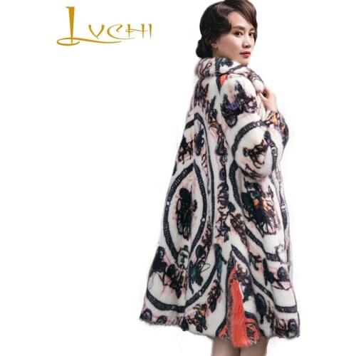 LVCHI 2019 Import Real Mink Mandarin Collar Coats Womens Long Sleeve Coat Causal Print Geometric Pattern Slim Medium Mink Coats