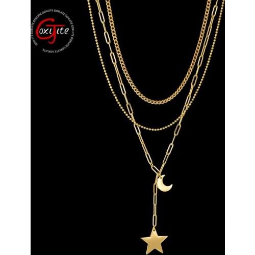Goxijite Hot Sale Three Layers Necklace For Women Stainless Steel Moon And Star Charming Necklaces Party Jewelry Gift