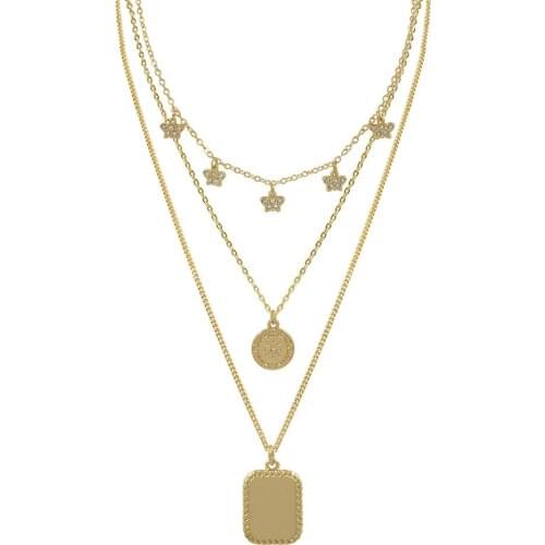 Trendy Gold Color Plating Small Butterfly Round Disc Square Layered Necklace For Women Girl Elegant Statement Pretty Jewelry Set