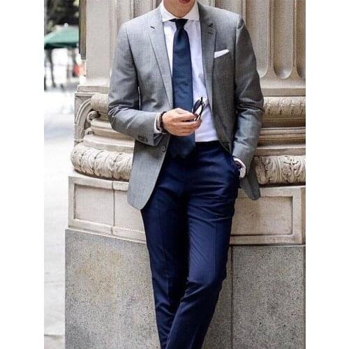 ANNIEBRITNEY Grey 2 Piece Slim Fit Men Formal Suit With Navy Pants 2020 Groom Wedding Tuxedo Prom Wedding Business Men Suit Set